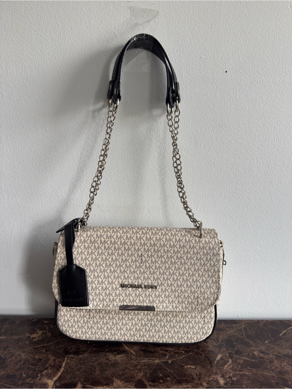 Michael Kors Cream Logo-Print Chain Shoulder Bag with Black Trim